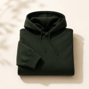 Folded forest-green Global Travel Hoodie on a warm ivory surface