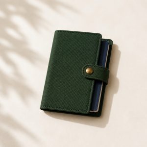 Forest-green textile Passport Wallet with a brass snap on a warm ivory surface