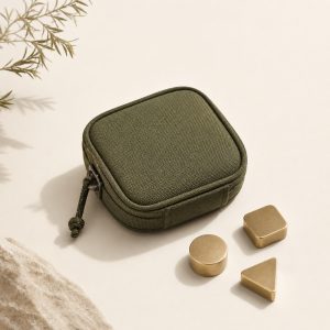 Moss-green Rounding Probe travel pouch with three brass geometric tokens